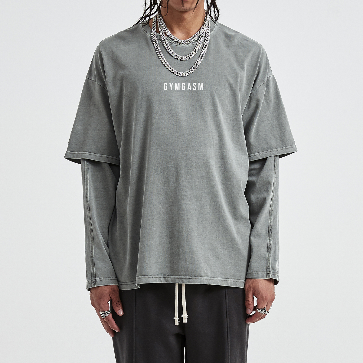 Light Gray Faux-layered Faded Long Sleeve - GYMGASM