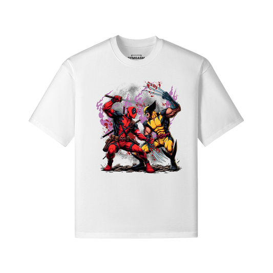 Oversized - Wolverine Vs Deadpool White Front- GYMGASM